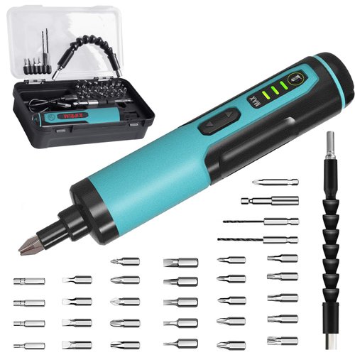 Electric Screwdriver Kiprim 4V Rechargeable Adjustable Torque Cordless Screwdriver Gun with 33 Magnetic Bits Set (2 Drill Bits included),Dual Flashlights,Carrying Box,Type C Cable