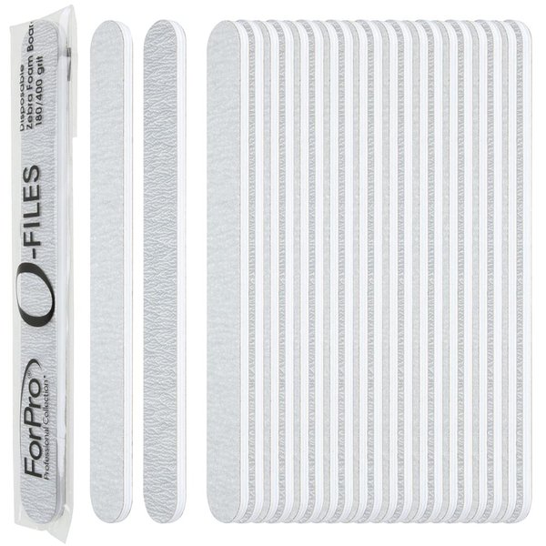 ForPro O-Files Foam Board, 180/400 Grit, Zebra, Double-Sided Manicure Nail File, 6” L x .75” W, 100-Count