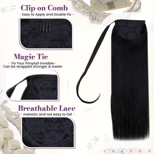 LaaVoo Clip in Ponytail Hair Extensions Human Hair Natural Black Ponytail Human Hair Wrap Around Hair Extensions #1 Jet Black Short Ponytal Extension Human Hair 12 Inch 70g