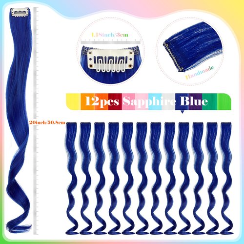 Wodelanle 12 PCS Colored Blue Hair Extensions Clip in Hair Extensions Colorful 20 Inch Wavy Curly Synthetic Hairpiece Colored Hair Extensions for Kids Girls Women Party Highlights
