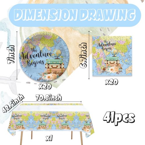 41pcs Adventure World Awaits Map Party Supplies ,include 20 Plates, 20 Napkin and 1pcs Tablecloth,Used for The Adventure Begin Birthday Party Decoration