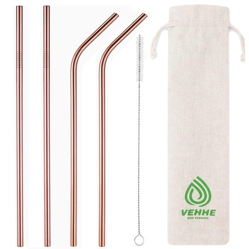VEHHE Metal Straws Reusable Stainless Steel Straws Drinking Rose Gold 4 Set - Ultra Long 10.5" Cleaning Brush for 20/30 Oz for Yeti RTIC SIC Ozark