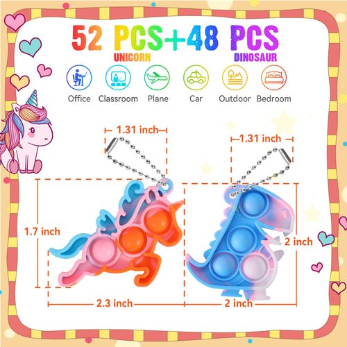 100 Pack Unicorn Party Favors for Kids Goodie Bags Stuffers Pop Fidget Toys Bulk Its,Unicorn Toys Pinata Stuffers Birthday Party Favors 4-8