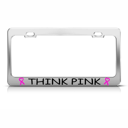 Speedy Pros Think Pink Breast Cancer Ribbon Metal Chrome License Plate Frame Tag Holder