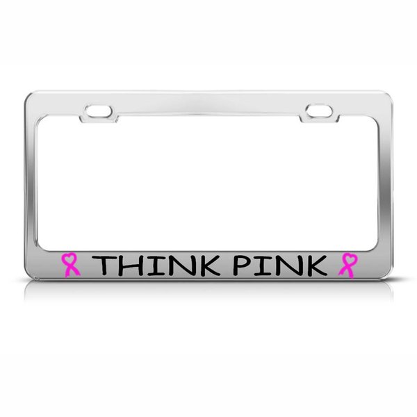 Speedy Pros Think Pink Breast Cancer Ribbon Metal Chrome License Plate Frame Tag Holder