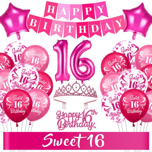 16th Birthday Decorations for Girls, Pink Sweet 16 Birthday Decorations Hot Pink Happy Birthday Banner Number 16 Foil Balloons Sash and Crown Cake Topper for Girls Sixteen Birthday Party Supplies