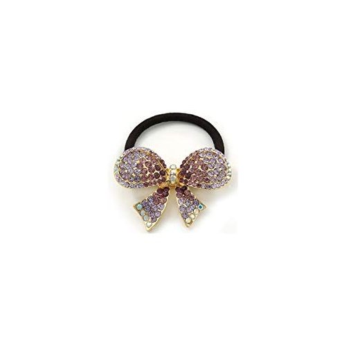 Medium Gold Plated AB/Lavender/Purple Crystal Bow Pony Tail Hair Elastic/Bobble