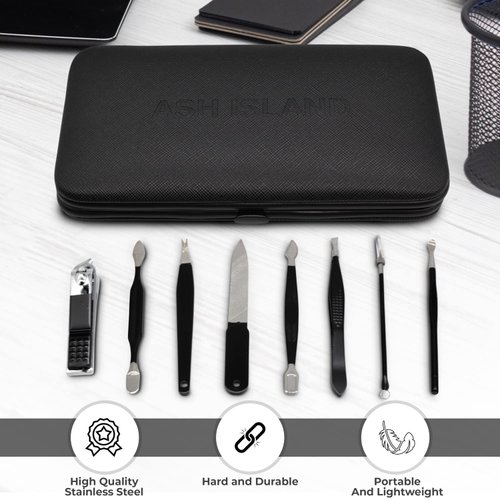 ASH ISLAND Nail Clippers Set - Black Stainless 12 in 1 For Men And Women Manicure Pedicure Travel Kit Luxury Nail File Sharp Nail Scissors Fingernails Toenails with Portable Stylish Case