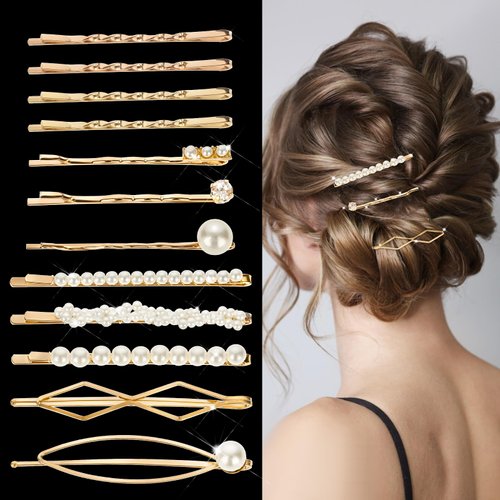 12 Pcs Hair Pins With Pearls, Gold Hair Pins Set, Elegant Hair Barrettes Bridal Golden Metal Hair Clip, Gold pearl bobby pins, Vintage Pearl Hair Bobby Pins, Metallic Flower Barrettes for Women Girls