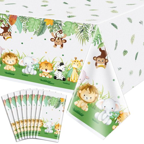 PIXHOTUL 8 Pcs Jungle Safari Tablecloths, Safari Baby Shower Table Cloths Decorations, Animal Print Table Cover, Wild One Birthday Party Decorations for Boys Kids，86''x 51''