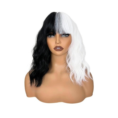 LOLYDEER Black And White Short Wavy Wigs With Bangs Loose Wave Short Bob Wig For Women Shoulder Length Heit Resistant Synthetic Wigs Cruella Cosplay Halloween Party Wig Halloween Wigs For Women