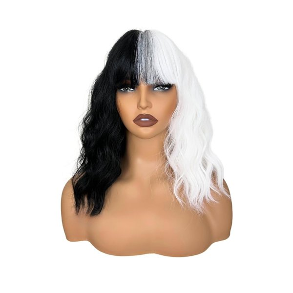 LOLYDEER Black And White Short Wavy Wigs With Bangs Loose Wave Short Bob Wig For Women Shoulder Length Heit Resistant Synthetic Wigs Cruella Cosplay Halloween Party Wig Halloween Wigs For Women