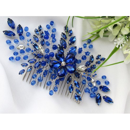 BERYUAN Women Royal Sapphire Opal Hair Comb Bridal Blue Crystal Flower Wedding Hair Accessory Gift for Her Party Headpiece for Bride Bridesmaid Girls(Blue)