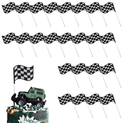 24Pcs Checkered Flag Cake Toppers,Glitter Race Car Cake Decorations, Racing Flags Cake Picks for Car Theme Party Supplies Baby Shower Kids Boys Birthday Party Supplies (Silver)