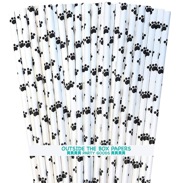 Dog Theme Paw Print Paper Drinking Straws - Black White - 7.75 Inches - 100 Pack - Outside the Box Papers Brand