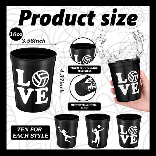 Zhehao 30 Pcs Sport Ball Plastic Cups Hockey Football Basketball Plastic Cups Bulk Reusable Drink Cups 16 oz Stadium Cups Stackable Sports Cup for Sport Party Supplies (Black,Volleyball)