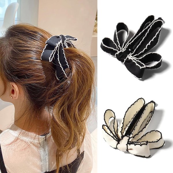 2 PCS Bow Banana Hair Clips, Ribbon Bowknot Ponytail Claw， Vertical Ponytail Claw Clip for Women Girls Banana Barrette Claw Hairpin Cute Ponytail Holder Hair Accessories