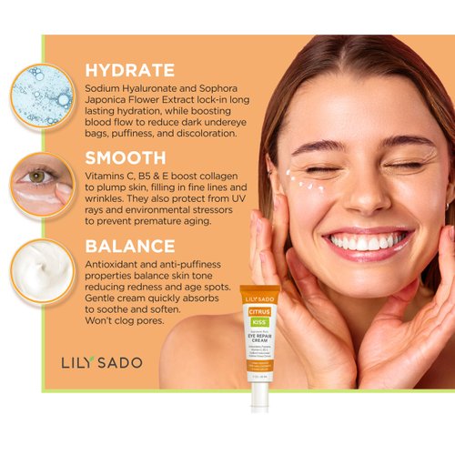 LILY SADO CITRUS KISS™ Eye Repair Cream - Antioxidant-Rich Natural Formula w/Peptides, Sodium Hyaluronate, and VITS C, B5 & E - Prevents Puffiness, Under-eye Wrinkles, Discoloration & Eye Bags - 1oz