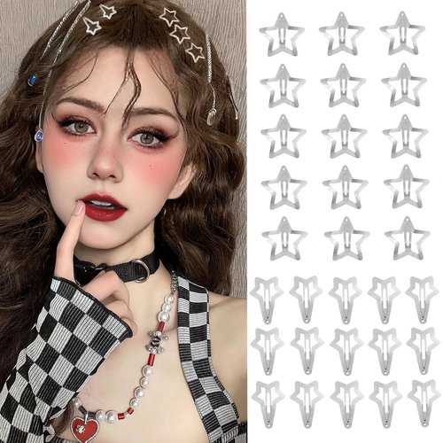 30 PCS 1.22" Star Hair Clips Peach Heart Hair Barrettes 2000s Y2K Non Slip Two Kinds Star Hair Accessories for Girls Women Silver Metal Hair Clips (1.22'' - 30 PCS (Star + Meteor))