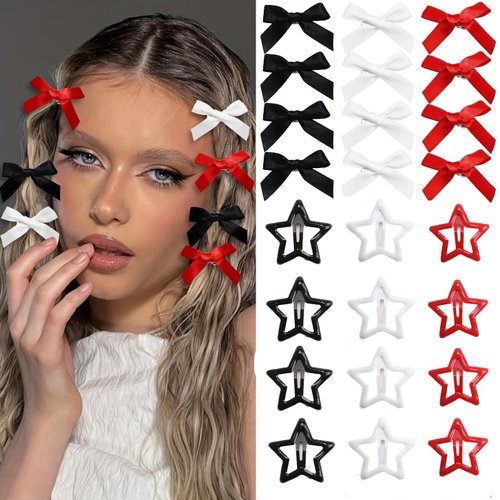 SEPNOSIA 24Pcs Hair Accessories - 12 Pcs Mini Cute Bow Hair clips and 12 Pcs Y2k Mental Star Hair Barrettes For Women and Girls (Red+Black+White)