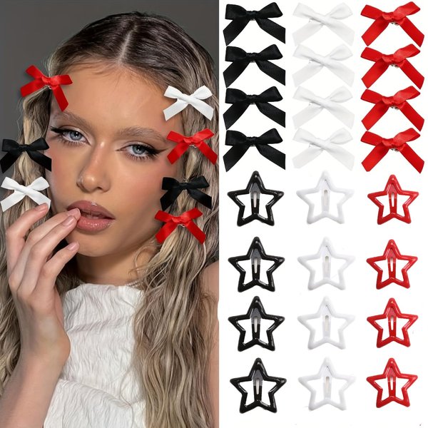 SEPNOSIA 24Pcs Hair Accessories - 12 Pcs Mini Cute Bow Hair clips and 12 Pcs Y2k Mental Star Hair Barrettes For Women and Girls (Red+Black+White)