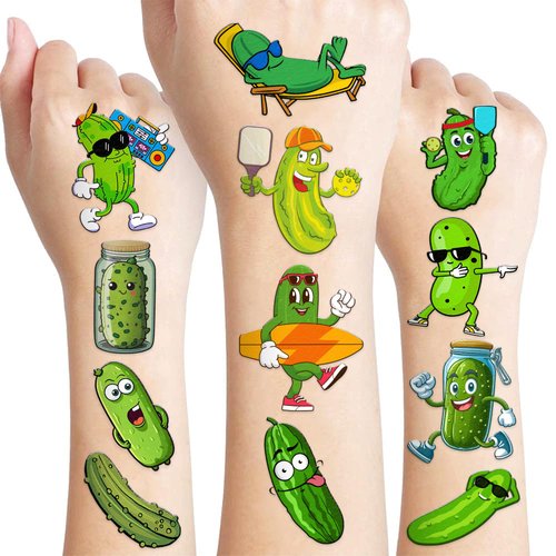 120 PCS Christmas Funny Pickle Temporary Tattoos Sticker Fruit Vegetable Cool Pickles Cucumber Birthday Party Decorations Supplies Favors Decor Gifts Boys Girls Cute Fake Tattoo School Reward Themed