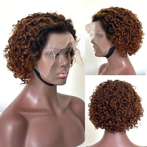 Topnormantic Pixie Cut Short Curly Wigs for Black Women Human Hair #1b/30 13x4 Transparent Glueless Lace Front Wigs Pre Plucked with Baby Hair Brazilian Virgin Hair Ombre Color Curly Bob Wigs 6 Inch