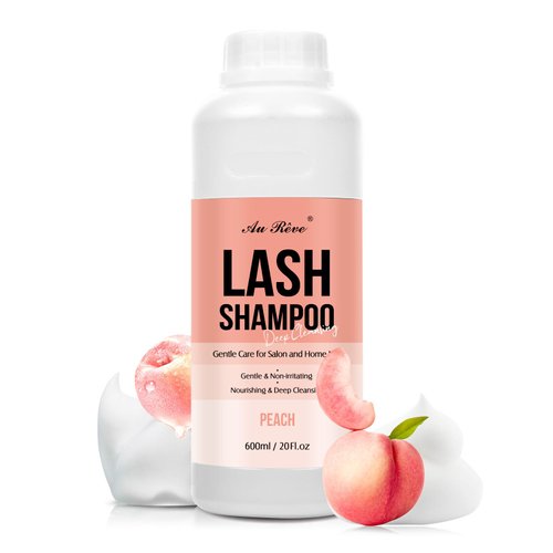AuReve Lash Shampoo Bulk for Lash Extensions 600 Ml/20fl.oz Eyelash Extension Cleanser Oil Free Lash Cleanser for Eyelash Care, Gentle Foaming Eyelash Shampoo for Salon Home Care (Peach 600ml)