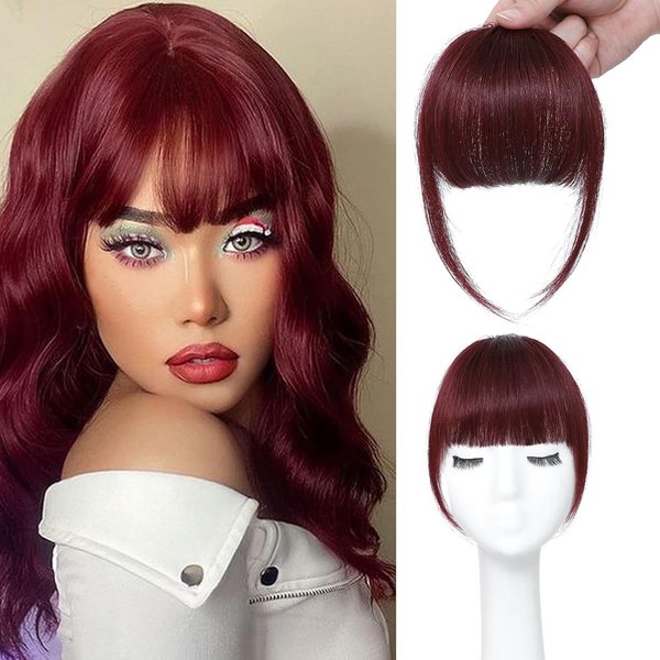 ELEFOCUS Clip in Bangs Real Human Hair Burgundy 100% Human Hair French Bangs Fake Bangs Hair Clip on bangs for women Fringe with Temples Hairpieces Curved Bangs for Daily Wear