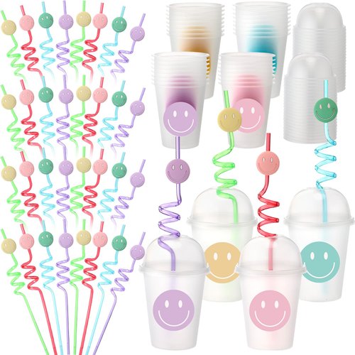 Yaomiao 32 Pack Smile Face Sipper Cups with Straws and Lids, 12 oz Clear Plastic Cups Happy Face Party Cups with Dome Lids Happy Face Party Favors for Kids, Tea, Coffee, Smoothie, Cold Drinks