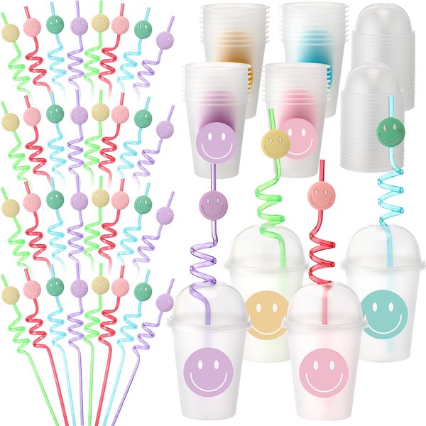 Yaomiao 32 Pack Smile Face Sipper Cups with Straws and Lids, 12 oz Clear Plastic Cups Happy Face Party Cups with Dome Lids Happy Face Party Favors for Kids, Tea, Coffee, Smoothie, Cold Drinks