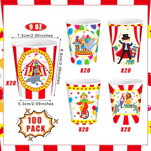 Maxcheck 100 Pcs 9 oz Circus Cups Disposable Party Supplies Paper Cups Colorful Fun Drinking Cups Birthday Party Favor Decorations