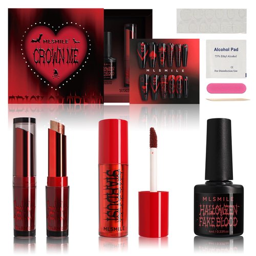 MLSMILE Halloween Makeup Kit,Halloween Press On Nail With Tools,SFX Make up Set Fake Blood Cream,Powder Lipstick,two-tone eyeshadow,2024 New Halloween Party Supplies
