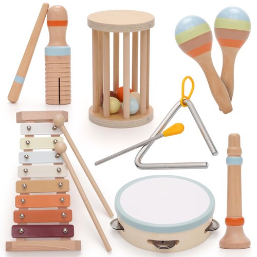 Baby Musical Instruments,Montessori Wooden Percussion Instruments Toy for Toddlers1-3 , with Modern Boho Xylophone Tambourine for Kids Preschool Educational 3+ Christmas Birthday Gifts