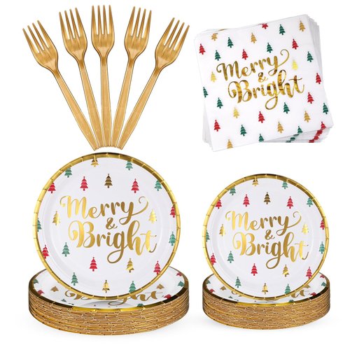 Lounsweer 96 Pcs Christmas Party Supplies Paper Plates and Napkins Disposable Dinnerware Set Include Christmas Plates Napkins Forks for Xmas Holiday Table Decorations 24 Guests(Christmas Tree)