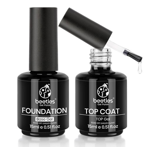 beetles Gel Polish Base Gel Top Coat Set, 2Pcs 15ML/0.5 OZ Clear Base Coat No Wipe Top Gel Set Soak Off UV LED Glossy Shine Finish Long Lasting DIY Nail Salon Manicure