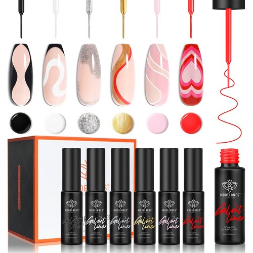 modelones Gel Polish Nail Art Gel Liner Set-8 ml, 6 Colors White Black Pink Red Gold Silver Glitter Gel Nail Polish for French Tip Swirl Painting Soak Off Built in Thin Brush Nail Designs Gift