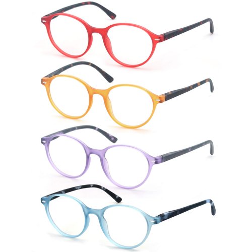 OLOMEE Reading Glasses Womens +1.00 Colorful Round Readers Lightweight Stylish Cute Women's Cheaters 4 Pack Comfortable Fit Spring Hinge