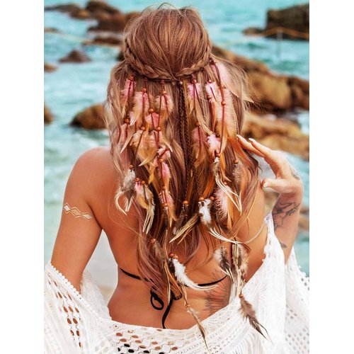 GENBREE Boho Feather Headband Gypsy Headpiece Bohemian Hippie Headbands Indian Hair Band Long Feather Hair Accessories for Women (Pattern 2)