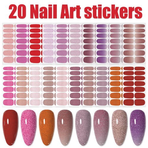 WOKOTO 20 Sheets Solid Pink Full Nail Polish Stickers False Nail Design Stickers Glitter Pink Gradient Nail Stickers Full Nail Wraps For Women Girls Nails Stick On Nail Polish Strips Nail Gel Stickers