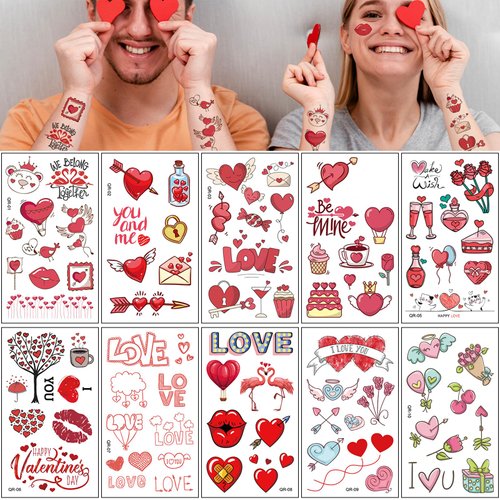 85 PCS 10 sheets Valentines Day Temporary Tattoos Birthday Party Decorations Supplies Favors Decor Themed Red Heart Tattoo Stickers Cute Gifts for Kids Women Girls Baby Shower Wedding Prizes