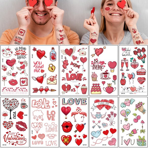 85 PCS 10 sheets Valentines Day Temporary Tattoos Birthday Party Decorations Supplies Favors Decor Themed Red Heart Tattoo Stickers Cute Gifts for Kids Women Girls Baby Shower Wedding Prizes