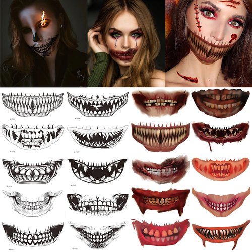 Halloween Tattoo Stickers 20 PCS black,Colour Halloween Clown Horror Mouth Tattoo Stickers Halloween Temporary Tattoos Face Decals Prank Props for Halloween Cosplay Party Decorations