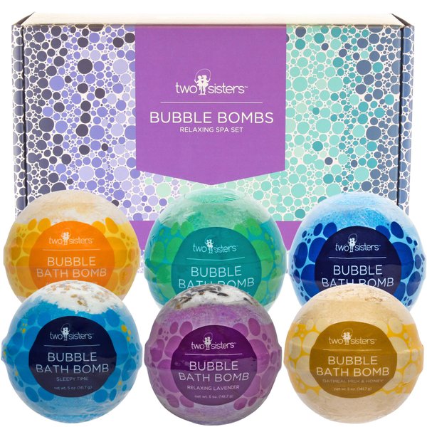 Two Sisters Relaxing Bubble Bath Bombs for Women, Girls, Teens & Kids (6 Pack) - Natural Bath Bomb - Moisturizes Dry Skin, Releases Color, Scent, Fizzies & Bubbles - Made in USA