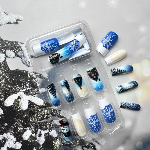24Pcs Christmas Square Press on Nails Blue Medium Length Fake Nails with Christmas Tree Snowman Snowflakes Patterns Design Xmas Glue on Nails Winter Artificial Nails for Women Acrylic Manicure Salon