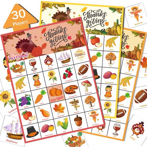VESPRO 46PCS Thanksgiving Bingo Game Cards for 30 Players Thanksgiving Day Party Games Fall Bingo for Kids Party Classroom Activities