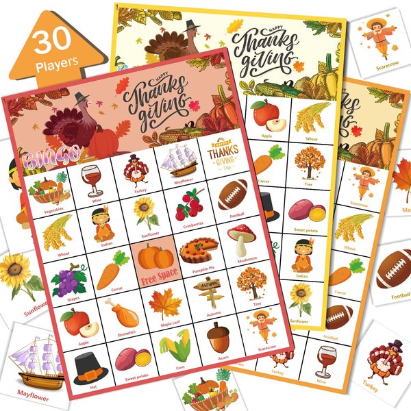 VESPRO 46PCS Thanksgiving Bingo Game Cards for 30 Players Thanksgiving Day Party Games Fall Bingo for Kids Party Classroom Activities