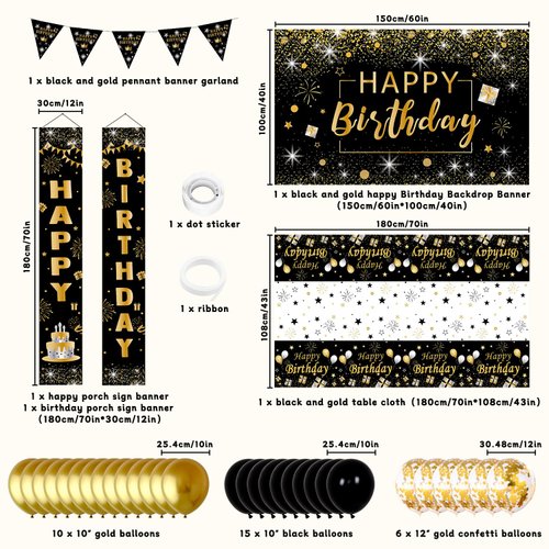 Black and Gold Birthday Party Decorations, Birthday Decorations for Boys Men Women Girls,Black and Gold Balloon Decorations for Birthday Party, Birthday Party Supplies with Happy Birthday Backdrop