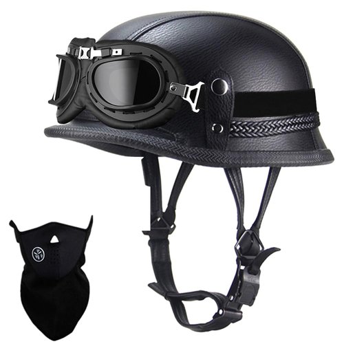 German Style Motorcycle Helmet, Retro Leather Motorcycle Half Helmet Skull Cap for Adult Men Women, Vintage Open Face Half Shell Helmet for Cruiser Scooter Chopper, DOT Approved (Black, Medium)
