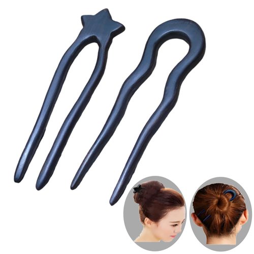 KingcanY 2PCS Wooden 2-Prong Hair Forks, Handmade Retro Sandalwood Hair Sticks French Hair Chopsticks Hair Pins Hairpin, Hair Accessory (star+U shaped)